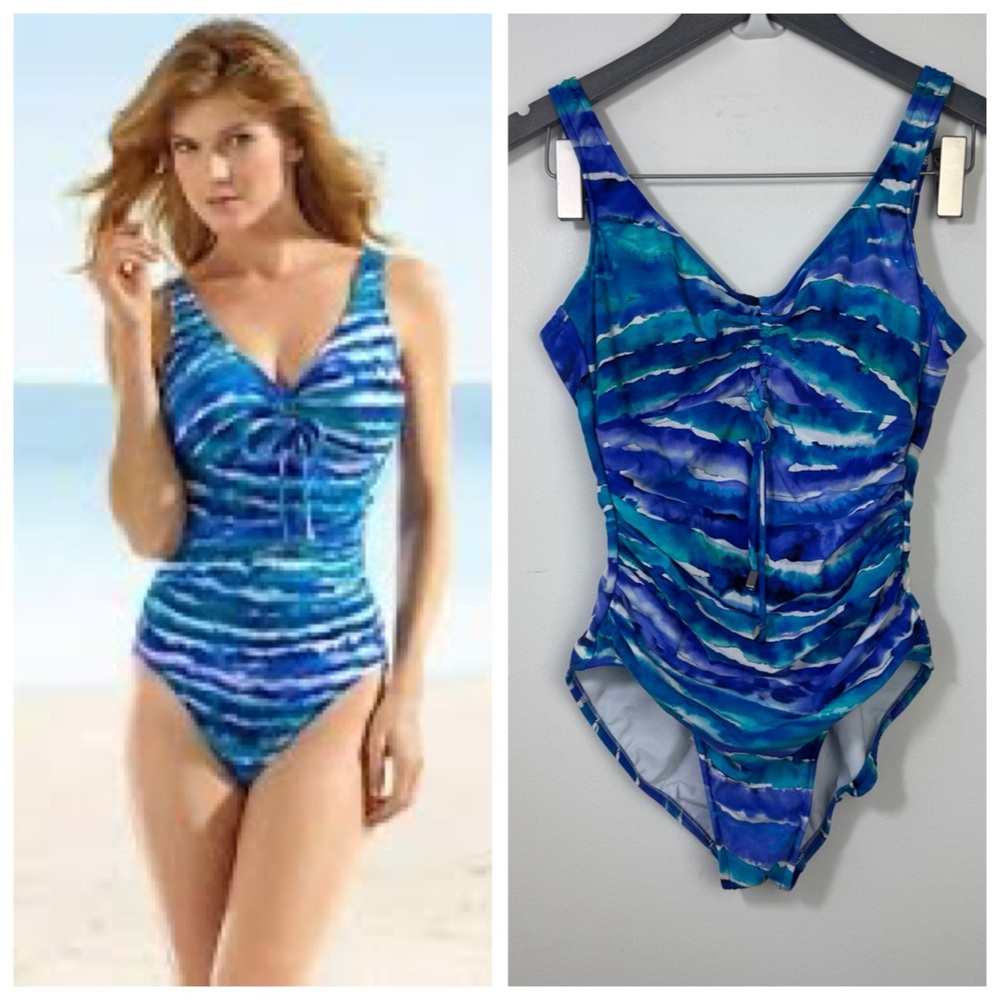 Magicsuit V Neck One Piece Bathingsuit  Size 10 Blue Tones slimming swimsuit